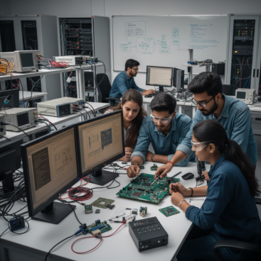 Computer engineering students working on hardware and software systems in lab