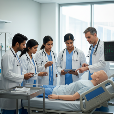 Medical students practicing clinical training in hospital for MBBS program
