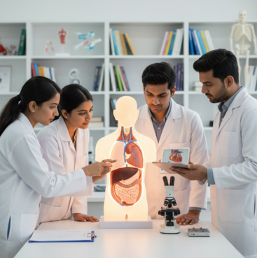 Students studying human anatomy models in medical education classroom