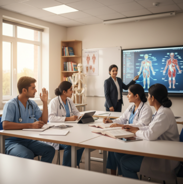 Nursing students attending training session in healthcare classroom environment